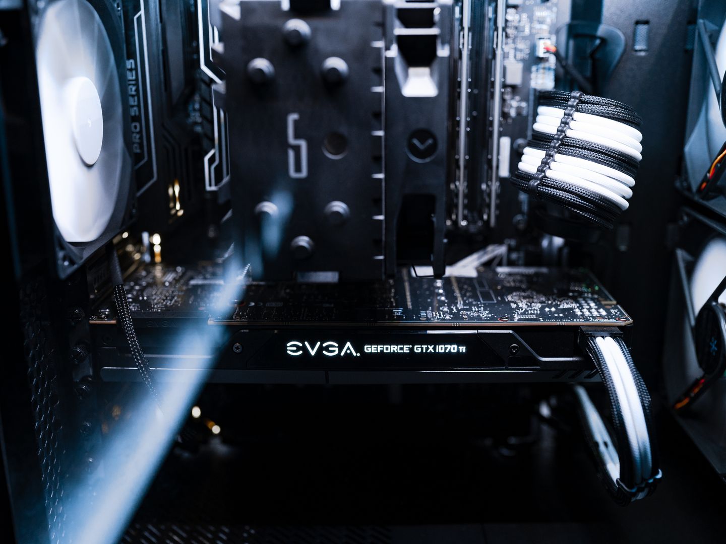 Detailed view of a contemporary gaming computer's components and cooling system.